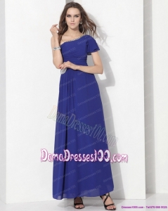 Modest One Shoulder Blue Dama Dresses with Ruching and Beading