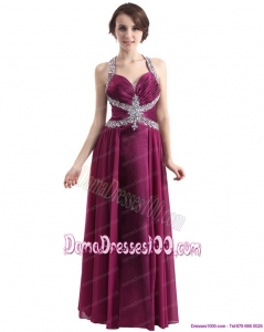 Sequins Halter Top Ruching and Beading Long Dama Dresses in Wine Red