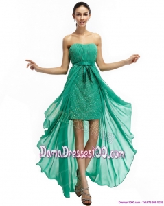 Turquoise High Low Beading Fabulous Dama Dresses with Ruching and Bownot