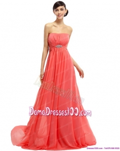Watermelon Beading Long Dama Dresses with Ruching and Sweep Train