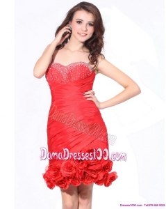 Beading Red Sweetheart Dama Dresses with Hand Made Flowers and Ruching