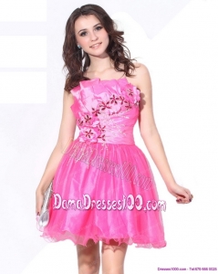 One Shoulder Hot Pink Short Plus Size Dama Dresses with Ruching and Beading