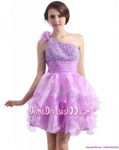 One Shoulder Lilac Dama Dresses with Beading and Hand Made Flower