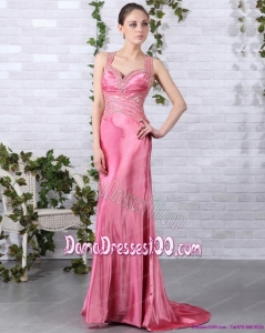 Rose Pink Beading Long Dama Dresses with Brush Train