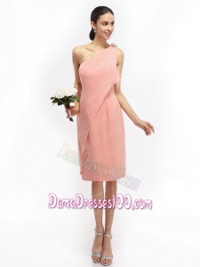 Ruching and Hand Made Flowers 2015 Pink Dama Dresses with One Shoulder