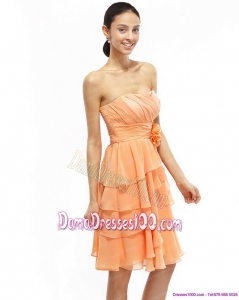 2015 Strapless Short Dama Dresses with Ruching and Hand Made Flower