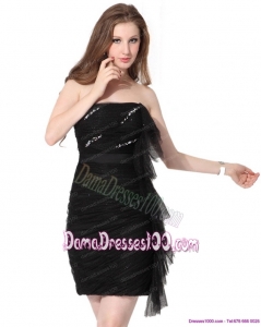 Discount 2015 Strapless Ruching Mini Length Dama Dresses in Black