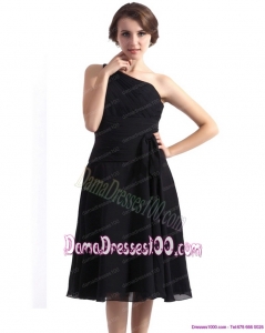 2015 One Shoulder Knee Length Dama Dresses in Black