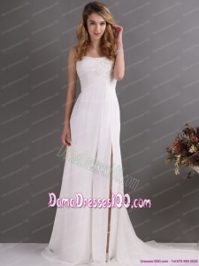 Affordable Ruching and High Slit 2015 Dama Dresses in White