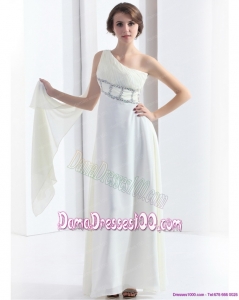 2015 New Style One Shoulder White Dama Dress with Watteau Train and Beading