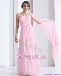 Perfect 2015 One Shoulder Baby Pink Dama Dress with Ruching and Beading