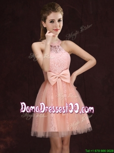 Elegant See Through Halter Top Bowknot and Laced Short Dama Dress