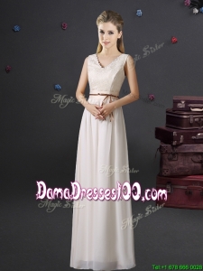 Cheap V Neck Belted and Laced Off White Dama Dress in Chiffon