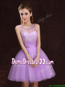 Simple See Through Scoop Tulle Laced Dama Dress in Lilac