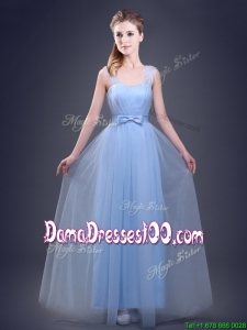 Affordable Straps Empire Light Blue Dama Dress with Bowknot and Ruching