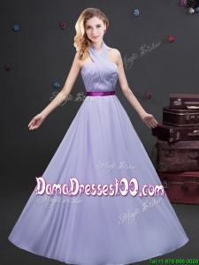 Classical Halter Top Long Dama Dress with Purple Belt and Ruching