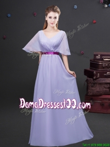Exclusive Belted and Ruched Lavender Dama Dress with Half Sleeves