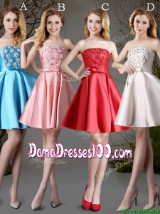 New Arrivals Strapless Satin Short Dama Dress with Appliques and Bowknot