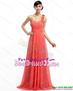 Watermelon Red One Shoulder Dama Dresses with Brush Train and Hand Made Flowers