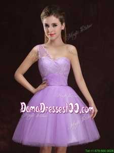 Affordable One Shoulder Tulle Short Dama Dress with Lace