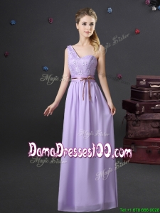 Beautiful Belted and Applique Lavender Dama Dress with One Shoulder