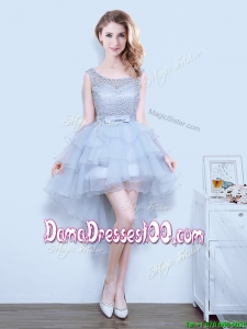 Exclusive High Low Grey Dama Dress with Bowknot and Ruffled Layers