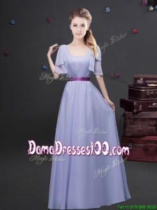 Exquisite Empire Square Belted Long Dama Dress with Short Sleeves