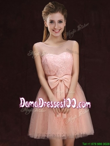 Modern See Through Scoop Laced Pink Dama Dress with Bowknot