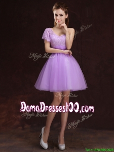 Sweet Tulle Lilac One Shoulder Dama Dress with Short Sleeve