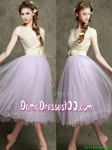 2016 New Style Lavender V Neck Dama Dress with Bowknot and Belt