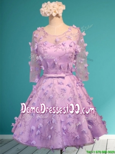 2016 See Through Scoop Half Sleeves Dama Dress with Appliques and Belt