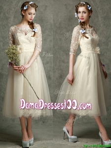 2016 See Through Scoop Half Sleeves Dama Dress with Hand Made Flowers and Lace
