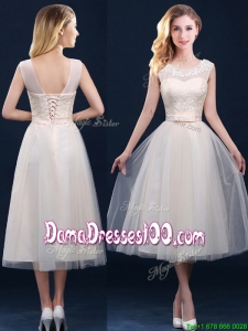 2016 Best Selling See Through Champagne Dama Dress with Appliques and Belt