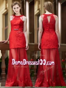 2016 Cheap Belted Red Long Dama Dress in Tulle and Lace