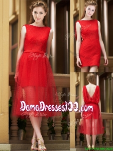 2016 Exclusive Bateau Lace Tea Length Dama Dress in Red