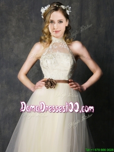 2016 Sweet High Neck Champagne Dama Dress with Hand Made Flowers and Lace