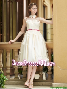Gorgeous High Neck Champagne Dama Dress with Appliques and Sashes