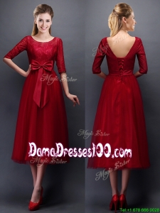 Gorgeous Scoop Half Sleeves Bowknot Dama Dress in Wine Red