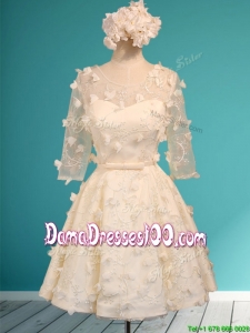 Discount Scoop Half Sleeves Champagne Dama Dress with Appliques and Belt