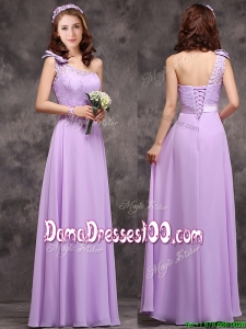 Pretty One Shoulder Lavender Dama Dress with Applique Decorated Waist