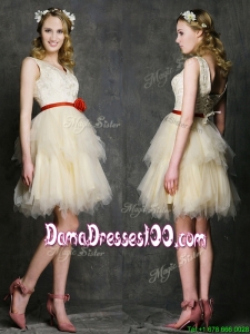 Most Popular V Neck Short Dama Dress with Belt and Ruffled Layers