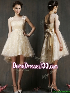 See Through Scoop Champagne Dama Dress with Hand Made Flowers and Bowknot