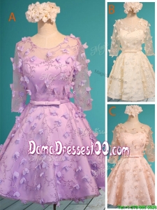 Exclusive See Through Scoop Half Sleeves Dama Dress with Appliques and Belt
