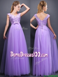 Lovely Beaded and Bowknot V Neck Dama Dress in Lavender