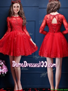 Classical Scoop Three Fourth Length Sleeves Short Dama Dress with Beading and Lace