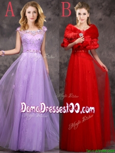Discount Beaded and Applique Cap Sleeves Long Dama Dress in Tulle
