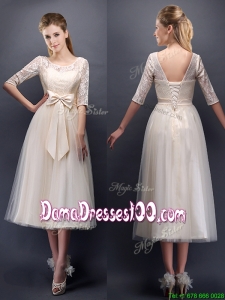 See Through Scoop Half Sleeves Champagne Dama Dress with Bowknot