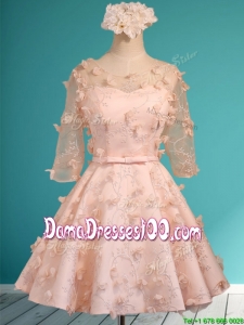 Wonderful Applique and Belted Scoop Short Dama Dress in Peach