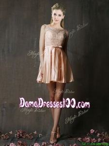 Best Selling Laced and Belted Short Dama Dress in Peach