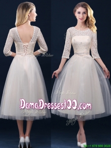 Hot Sale Laced and Applique Champagne Dama Dress in Tea Length